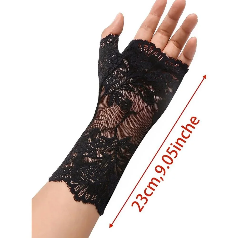 Women Evening Fingerless Short Wrist Black Lace Gloves Party Prom Cosplay